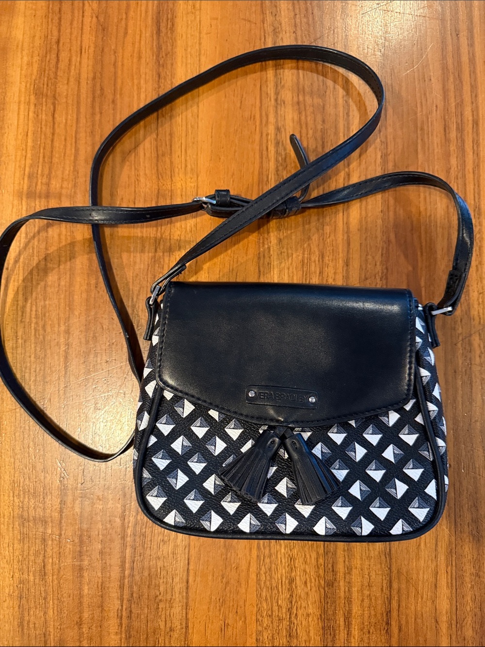 Like NEW Vera Bradley Black and White Studs Tassel Crossbody